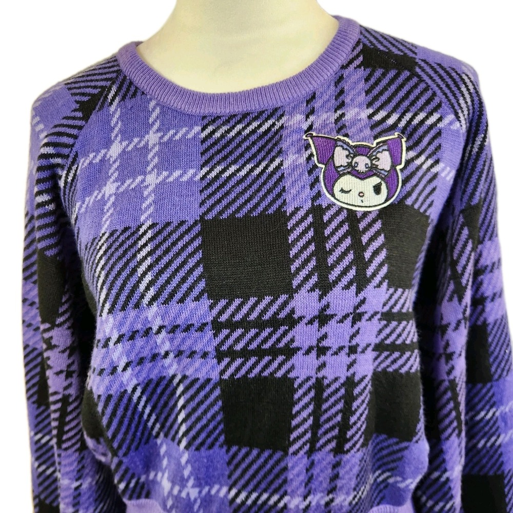 Sanrio Kuromi Womens Knit Plaid Sweater Sz Large Purple Black Bishop Sleeve Top - Picture 11 of 16